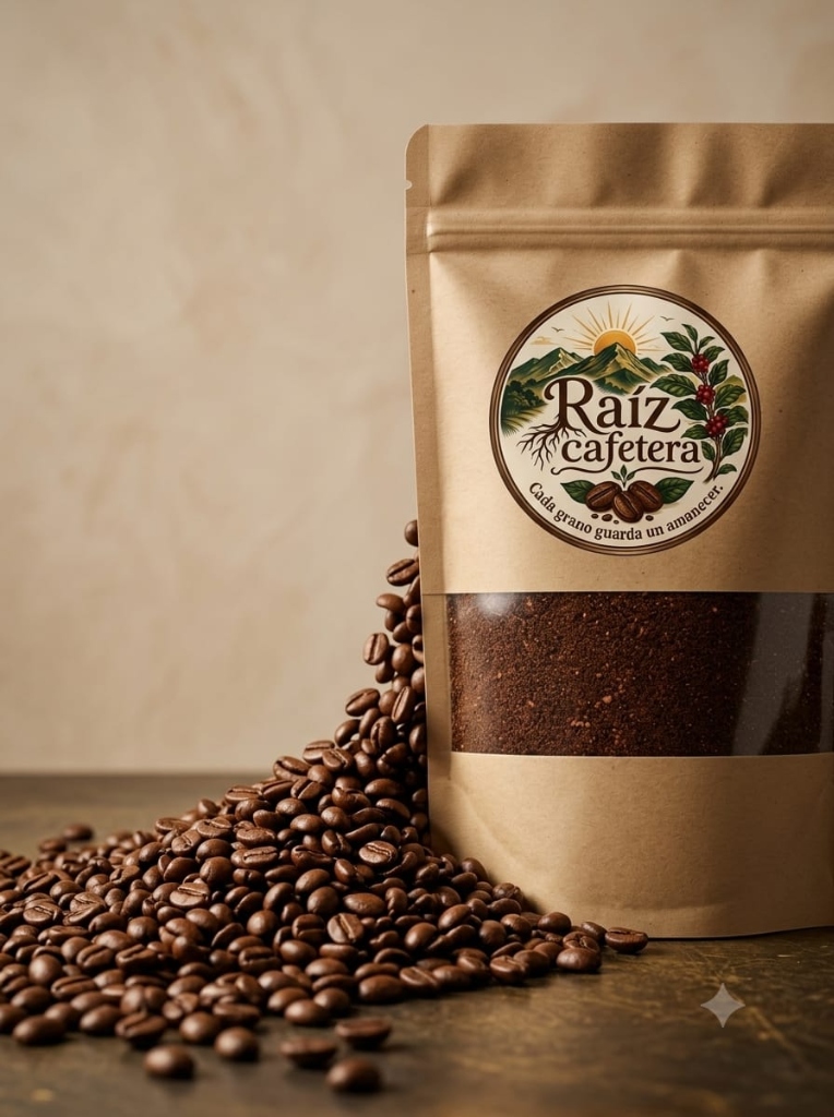 Café Raíz Cafetera con granos de café tostado